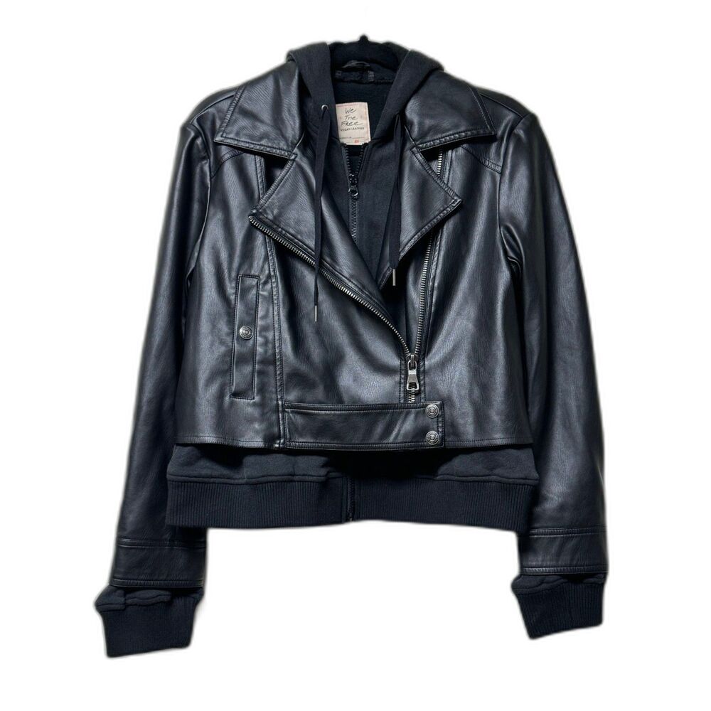 FREE PEOPLE We The Free Hooded Vegan Leather Motocycle Jacket, Sz XS